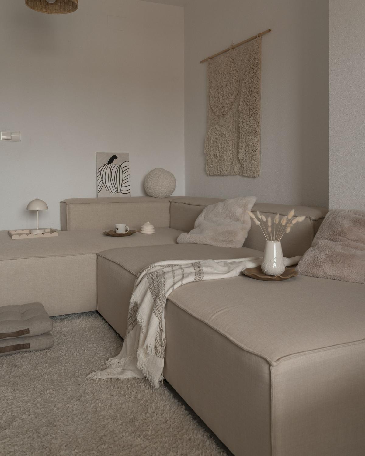 3-SITZER-ECKSOFA Leinen beige linksseitig mit Ottomane Aprica - Beige/Schwarz, Textil (326/180cm) - Beliani