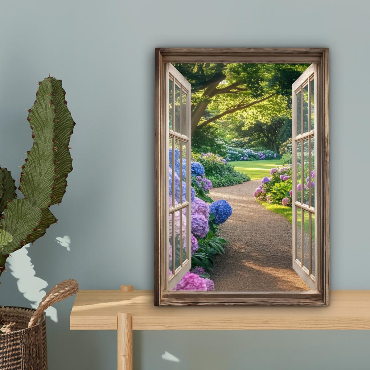 LEINWANDBILD Aussicht - Garten - Fenster - Hortensie - Blumen Deko Wohnzimmer 20x30 cm - Pastellblau, Textil (20/30cm) - MuchoWow