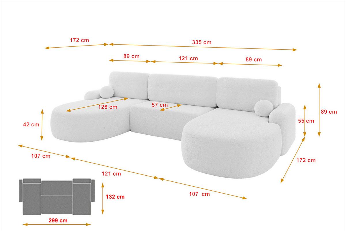 WOHNLANDSCHAFT mit Schlaffunktion und Bettkasten LIRA-U - 335x172x89 Weiß - Weiß, Holzwerkstoff/Textil (335/89/172cm) - ALTDECOR