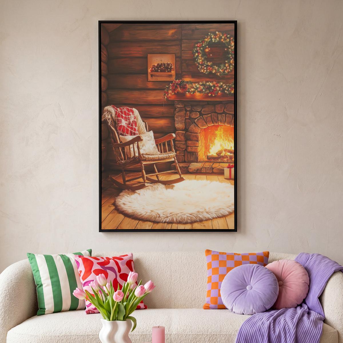 LEINWAND Bilder mit Rahmen - Winter - Weihnachten - Zuhause - Kamin - 90x140 - Bernsteinfarben, Textil (90/140cm) - MuchoWow