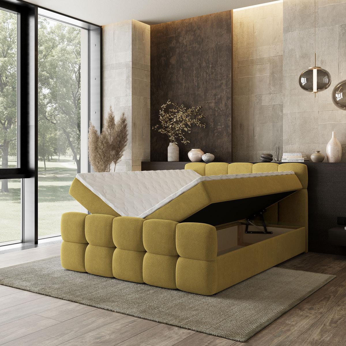 BOXBETT BRUME 200x200 cm mit Matratze und Topper, H2+H3 - Gelb - Gelb, Holz (200/200cm) - MASSENO