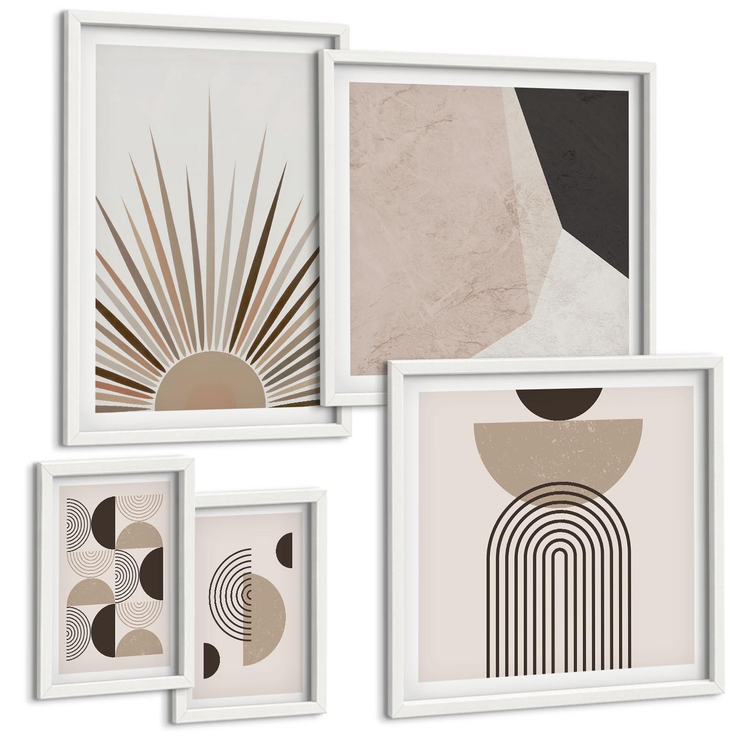 BILDER SET 5er Set - 50x50 cm & 20x30 cm & 40x60 cm Weißer Rahmen - Abstrakte beige und braune Formen - Weiß, Kunststoff (40/60cm) - TULUP