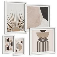 BILDER SET 5er Set - 50x50 cm & 20x30 cm & 40x60 cm Weißer Rahmen - Abstrakte beige und braune Formen - Weiß, Kunststoff (40/60cm) - TULUP