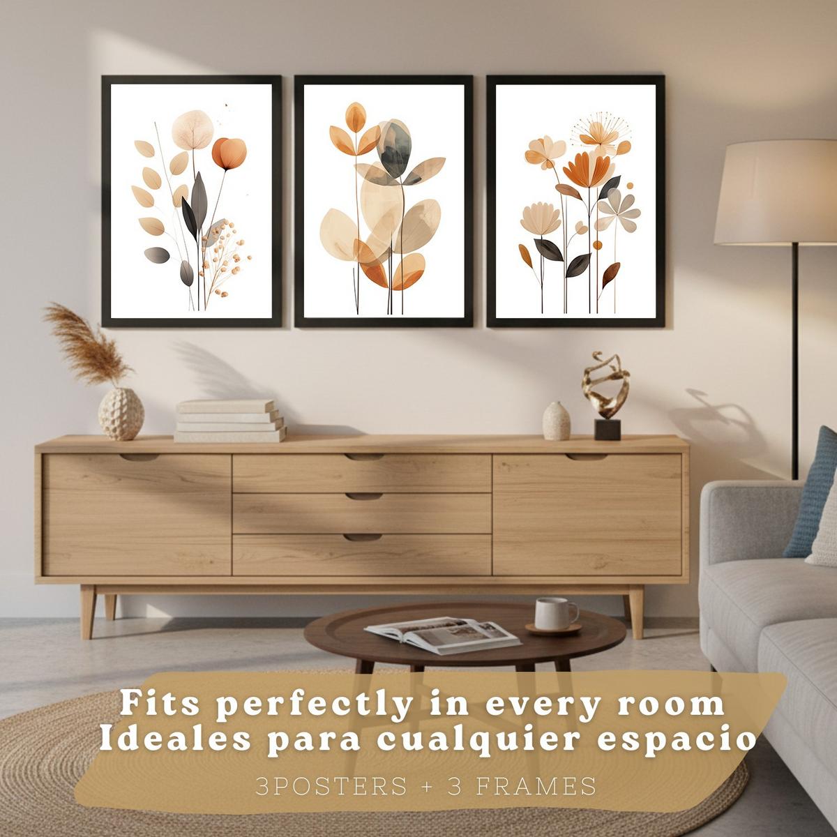 POSTER 3er-Set Wandbilder Orange Blumen modern Wohnzimmer Deko, Schlafzimmer, Küche, Badezimmer Schwarzer Rahmen A3 - Schwarz, Papier (29.7/1/42cm) - Nacnic