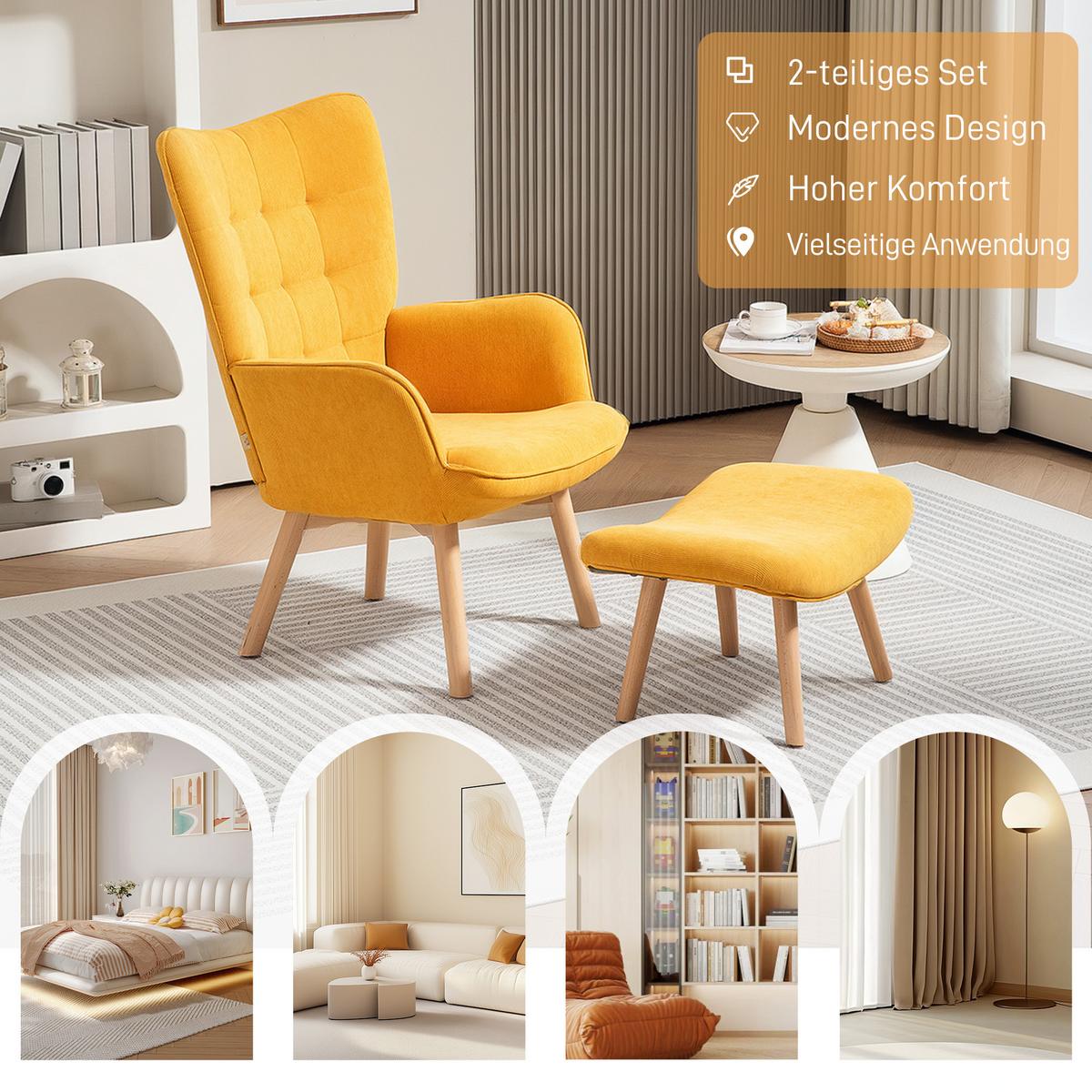 OHRENSESSEL mit Hocker, Relaxsessel, Polstersessel in Kordoptik, Loungesessel - Buchefarben/Orange, Holz/Buchenholz (80/101/72cm) - HOMCOM