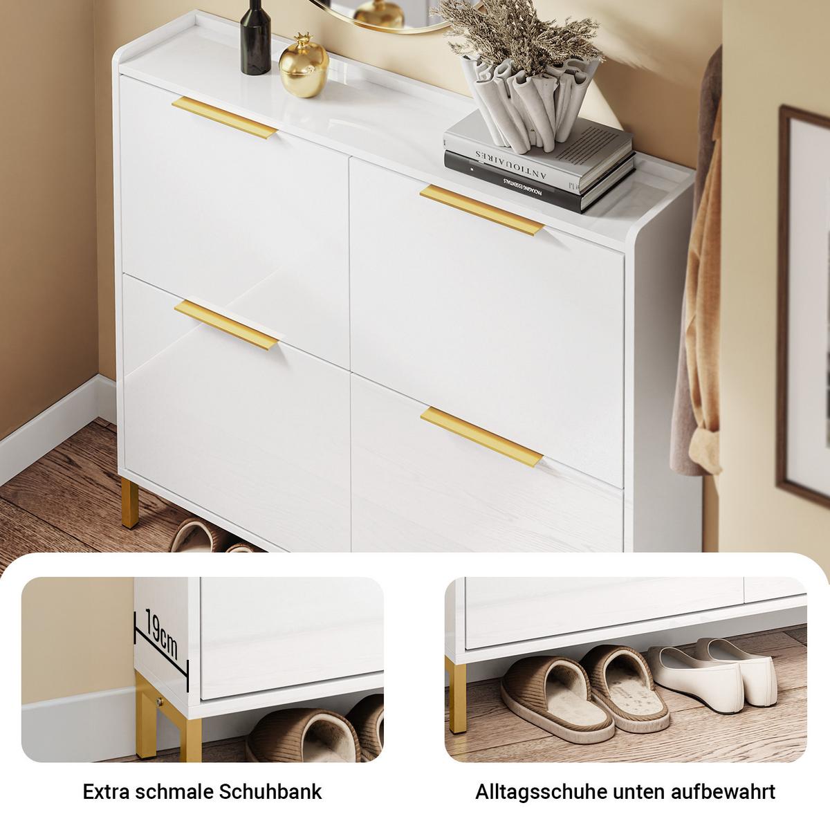 SCHUHSCHRANK mit 4 Klappen, Hochglanz Weiß 100x90x19cm - Weiß, Holzwerkstoff (100/90/19cm) - SoBuy