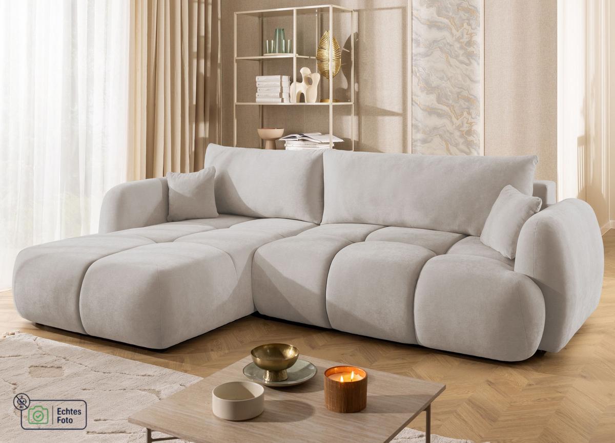 ECKSOFA Loretto aus natürlichem Beige Webstoff mit Schlaffunktion, Bettkasten und tiefen Steppungen in Bubble-Optik - Beige/Schwarz, Holz/Kunststoff (180/275cm) - S-Style