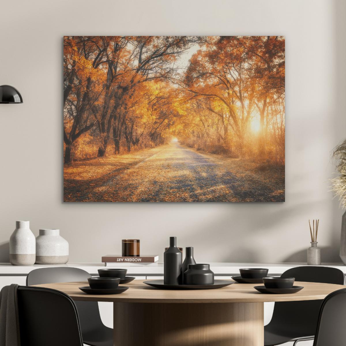 AKUSTIKBILD Wald - Herbst - Bäume - Waldweg - Natur Gemälde 80x60 cm - Bernsteinfarben, Kunststoff (80/60/0.9cm) - MuchoWow