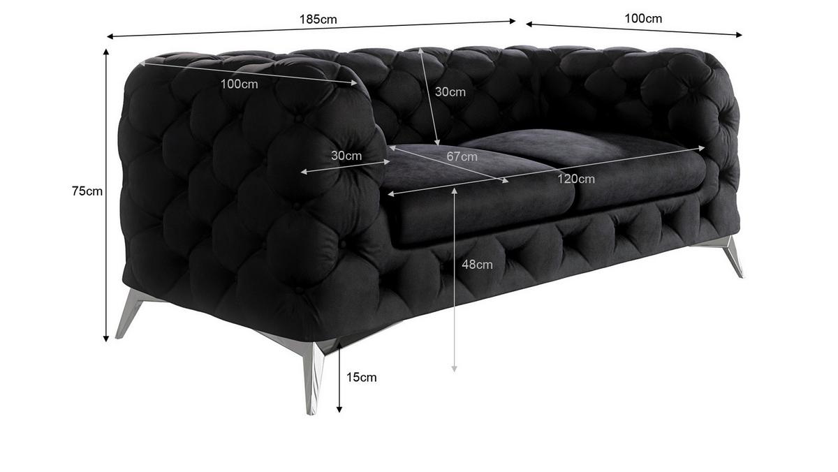 CHESTERFIELD-SOFA 2-Sitzer Laura Schwarz Samt - Silberfarben/Schwarz, Holz/Textil (185/75/100cm) - S-Style Möbel