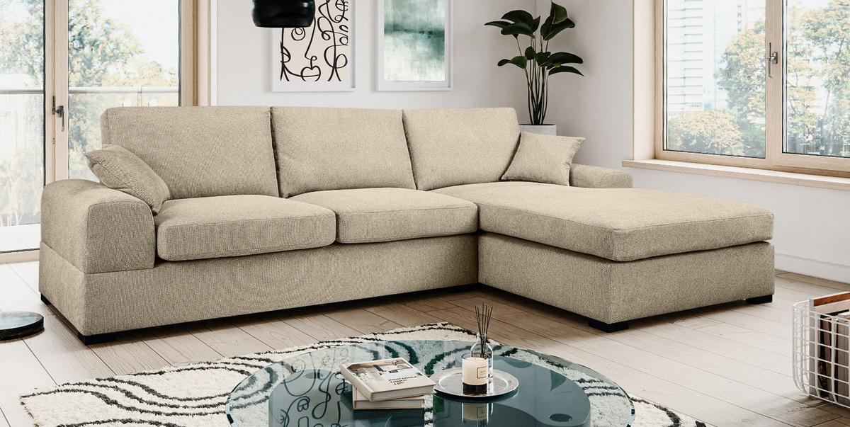 SOFA beige Strukturstoff 308 cm, Ecksofa 5-Sitzer, L-Sofa Ottomane rechts - Beige/Schwarz, Holz/Textil (308/186cm) - Inn.Furn