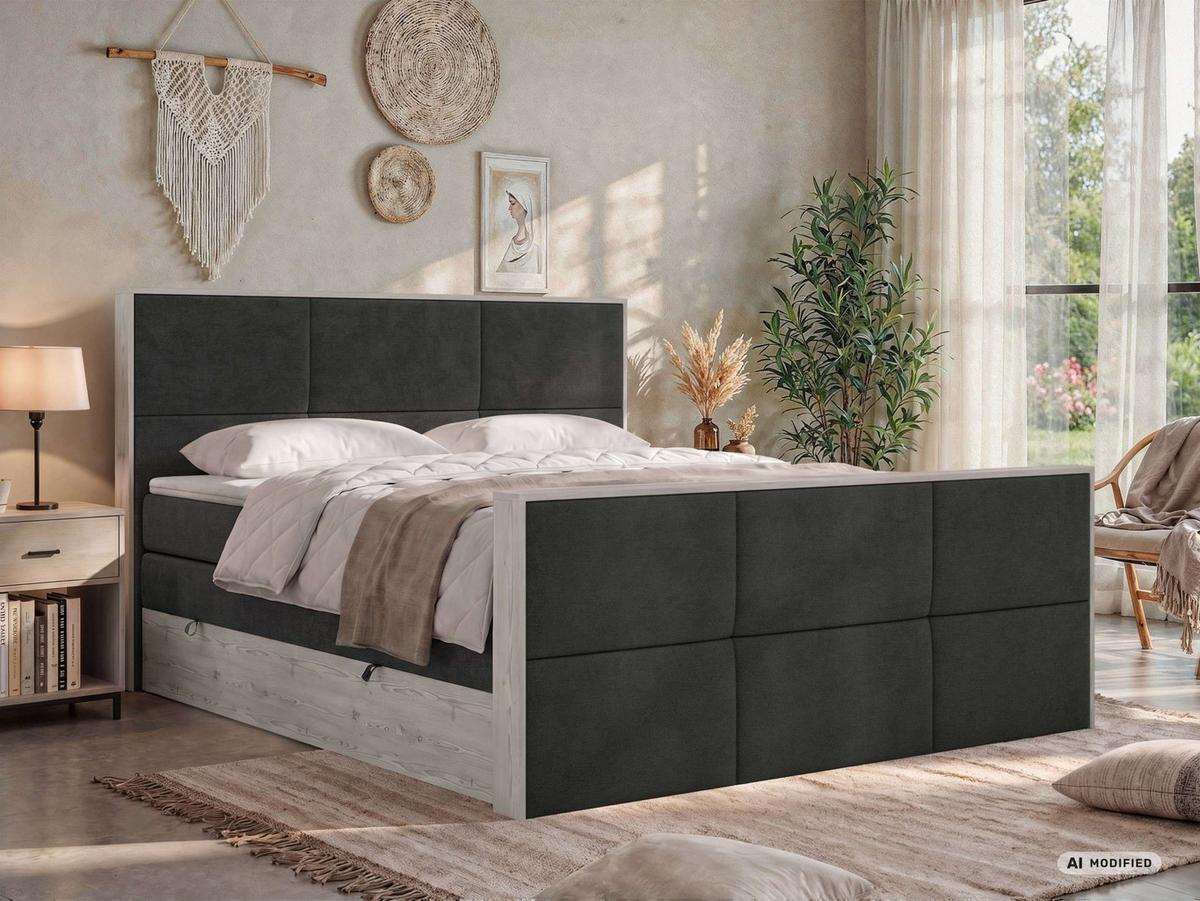 BOXSPRINGBETT DELNOR KING DUO 200/200 - Dunkelgrau Stukture - Topper Visco - H3 - Dunkelgrau/Schwarz, Kunststoff/Textil (200/200cm) - MKS