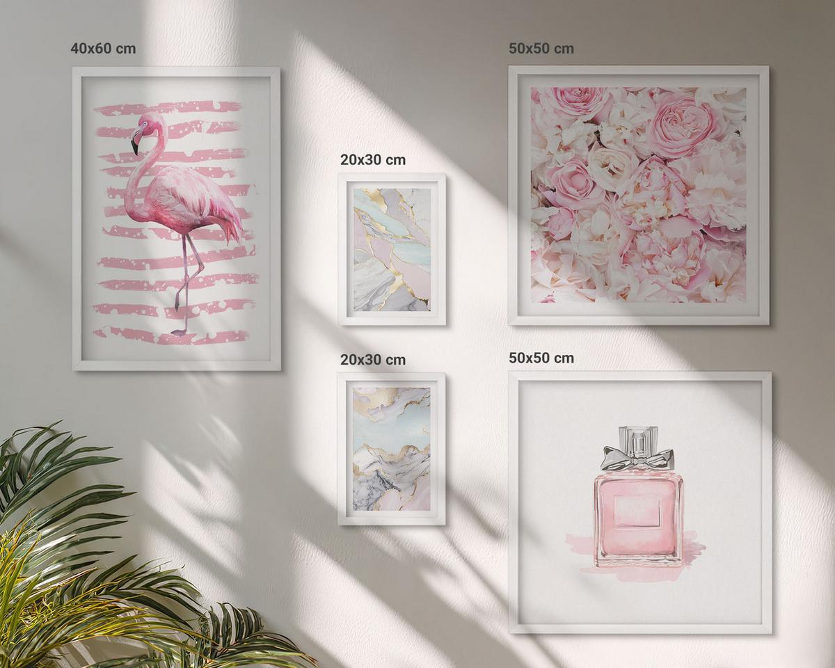 BILDER SET 5er Set - 50x50 cm & 20x30 cm & 40x60 cm Weißer Rahmen - Rosa Blumen Marmor Pastell - Weiß, Kunststoff (40/60cm) - TULUP