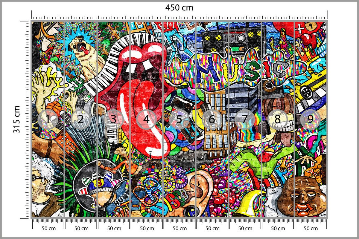 FOTOTAPETE für Jugendzimmer GRAFFITI Musik Abstrakt Farben 450x315 - Blau/Gelb, Papier (450/315cm) - Muralo