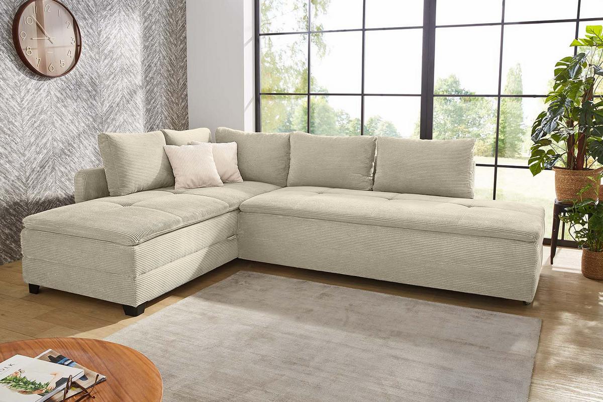 ECKSOFA-DAUERSCHLÄFER Doppelbett Boxspring Federkern Topper, seitenverkehrt montierbar B306/T223/H95 cm, Cord Beige Grau / 15161 - Greige/Schwarz, Kunststoff/Textil (306/223cm) - luma-home