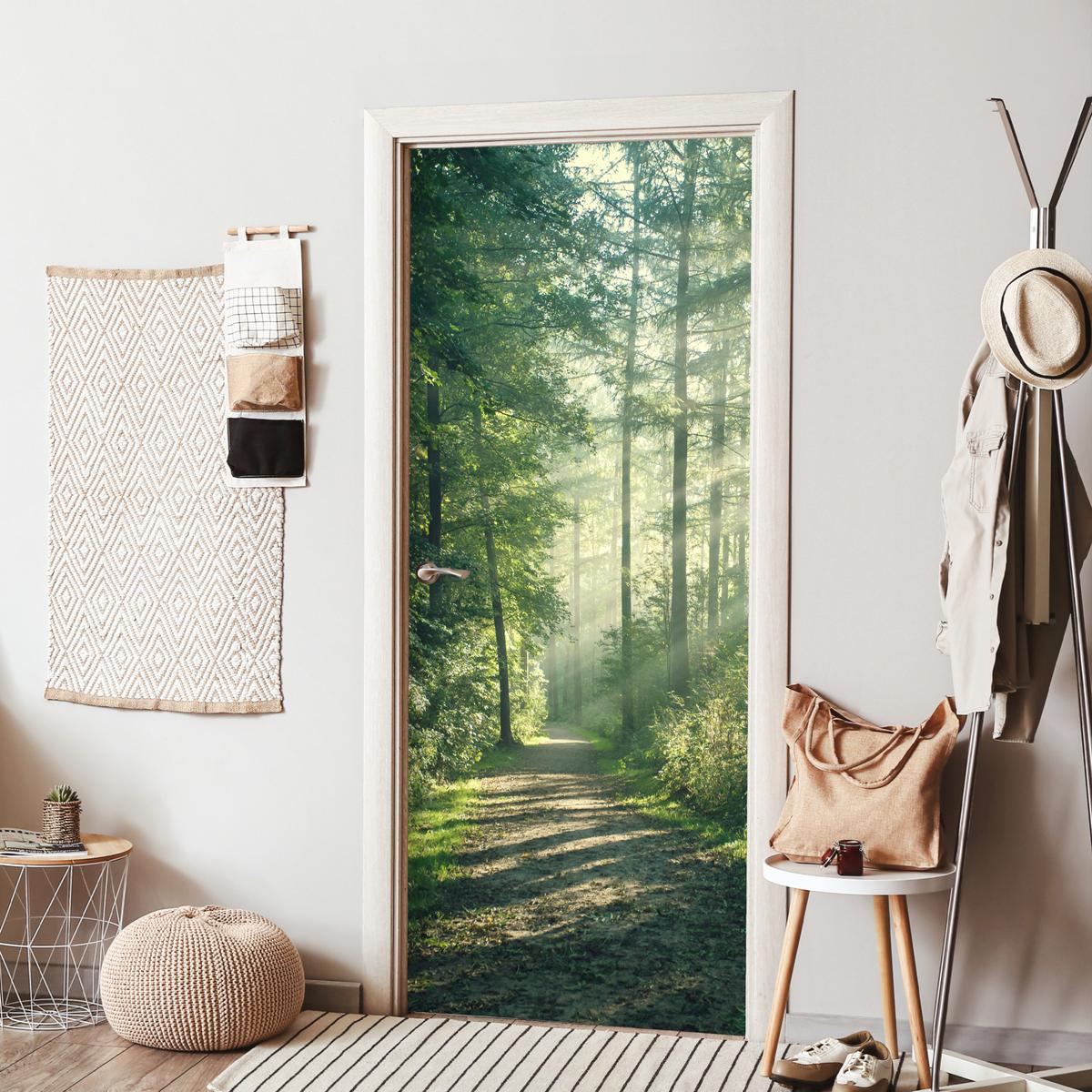 TÜRAUFKLEBER Wald - Weg - Sonne - Bäume - Grün - Natur Room Decor 85x205 cm - Türtapete - Waldgrün, Kunststoff (85/0.1cm) - MuchoWow