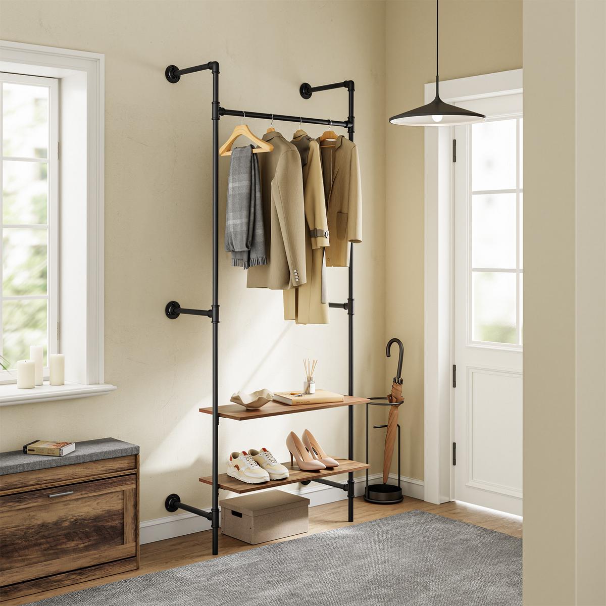 KLEIDERSTANGE mit 2 Regalböden, 45kg Tragkraft, 91,5x48x220cm - Schwarz, Metall (48/220/91.5cm) - SoBuy