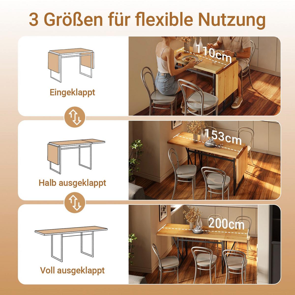 ESSTISCH klappbar für 2-8 Personen, 65x(110-200) x76cm - Naturfarben, Holz/Metall (65/200/76cm) - SoBuy