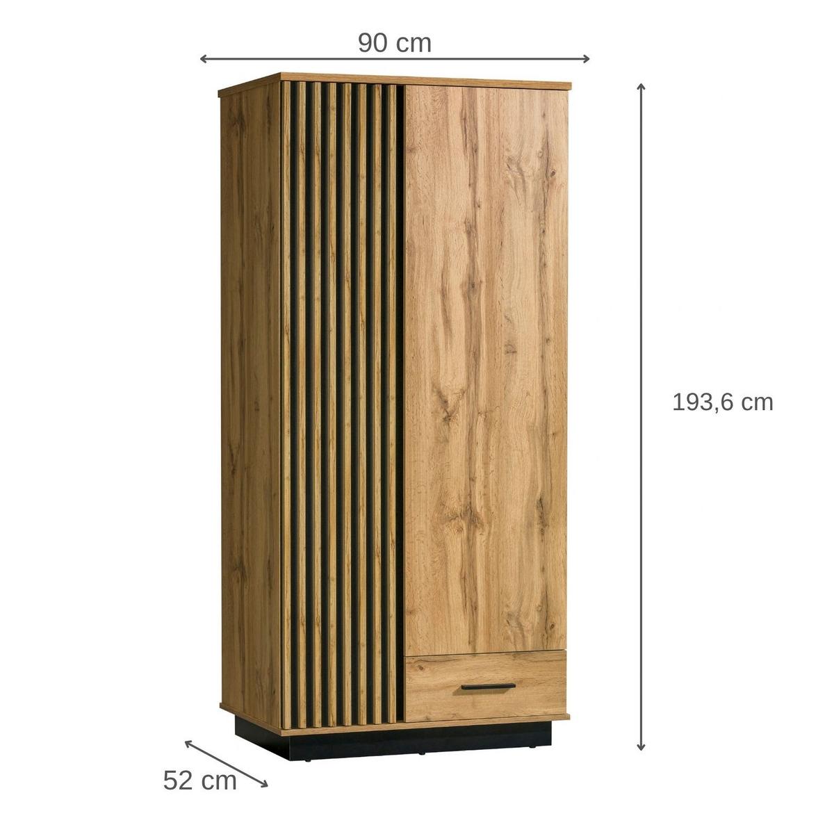 DREHTÜRENSCHRANK Lamelo mit 2 Türen und Schublade, mit Lamellen, 90 cm, Eiche Wotan - Eiche Wotan, Holzwerkstoff (90/194/52cm) - Beautysofa