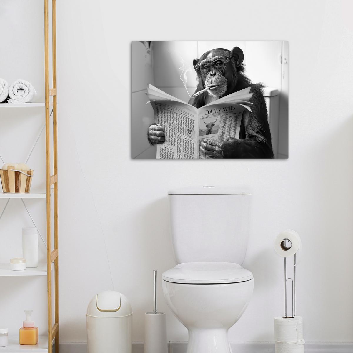 LEINWANDBILD Affe - WC - Zeitung - Schwarz-Weiß - Humor Wandbilder 80x60 cm - Hellgrau, Textil (80/60cm) - MuchoWow