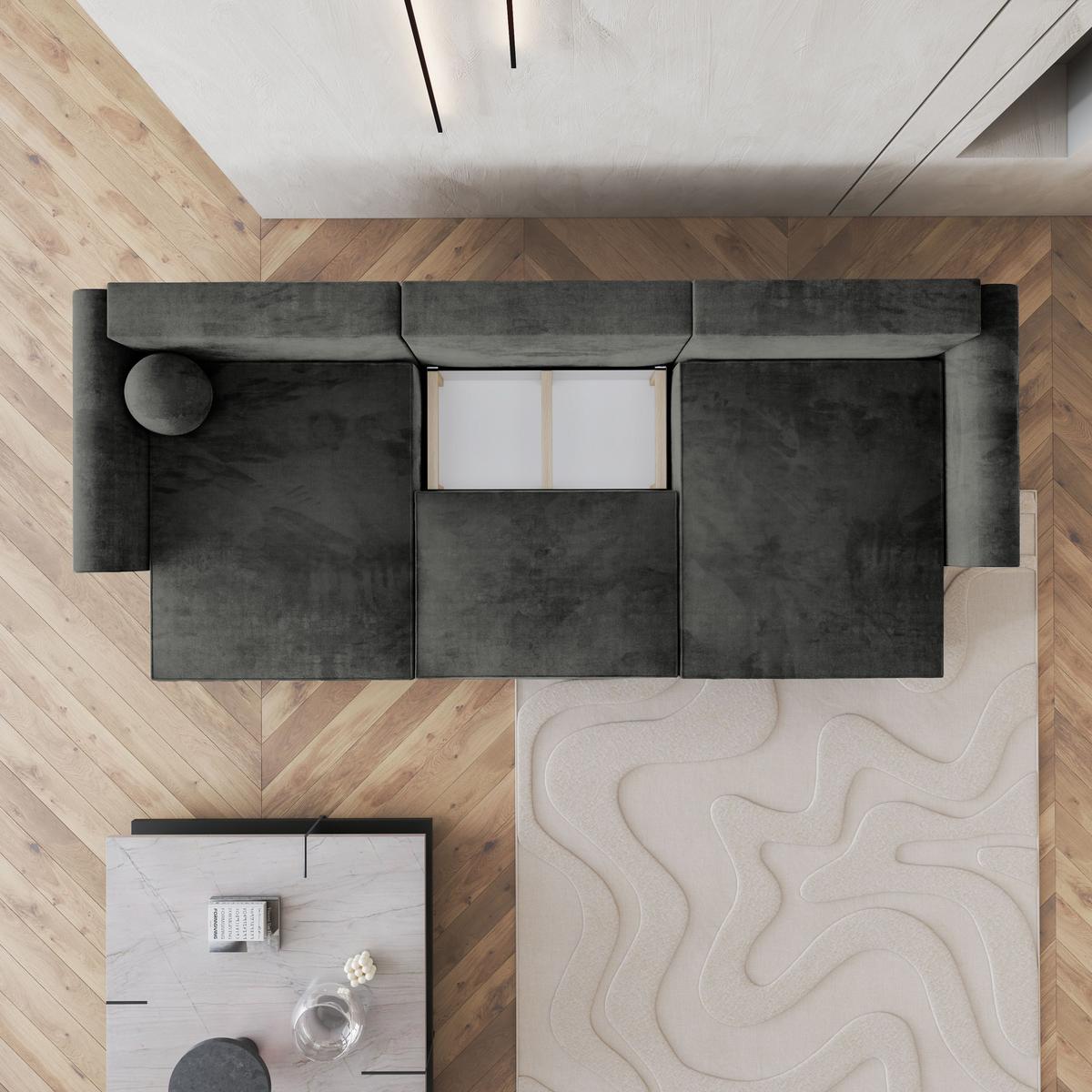 WOHNLANDSCHAFT FENTO M Schwarz Velours-Stoff mit Schlaffunktion - Schwarz/Grau, Holz/Kunststoff (347/90/148cm) - MASSENO