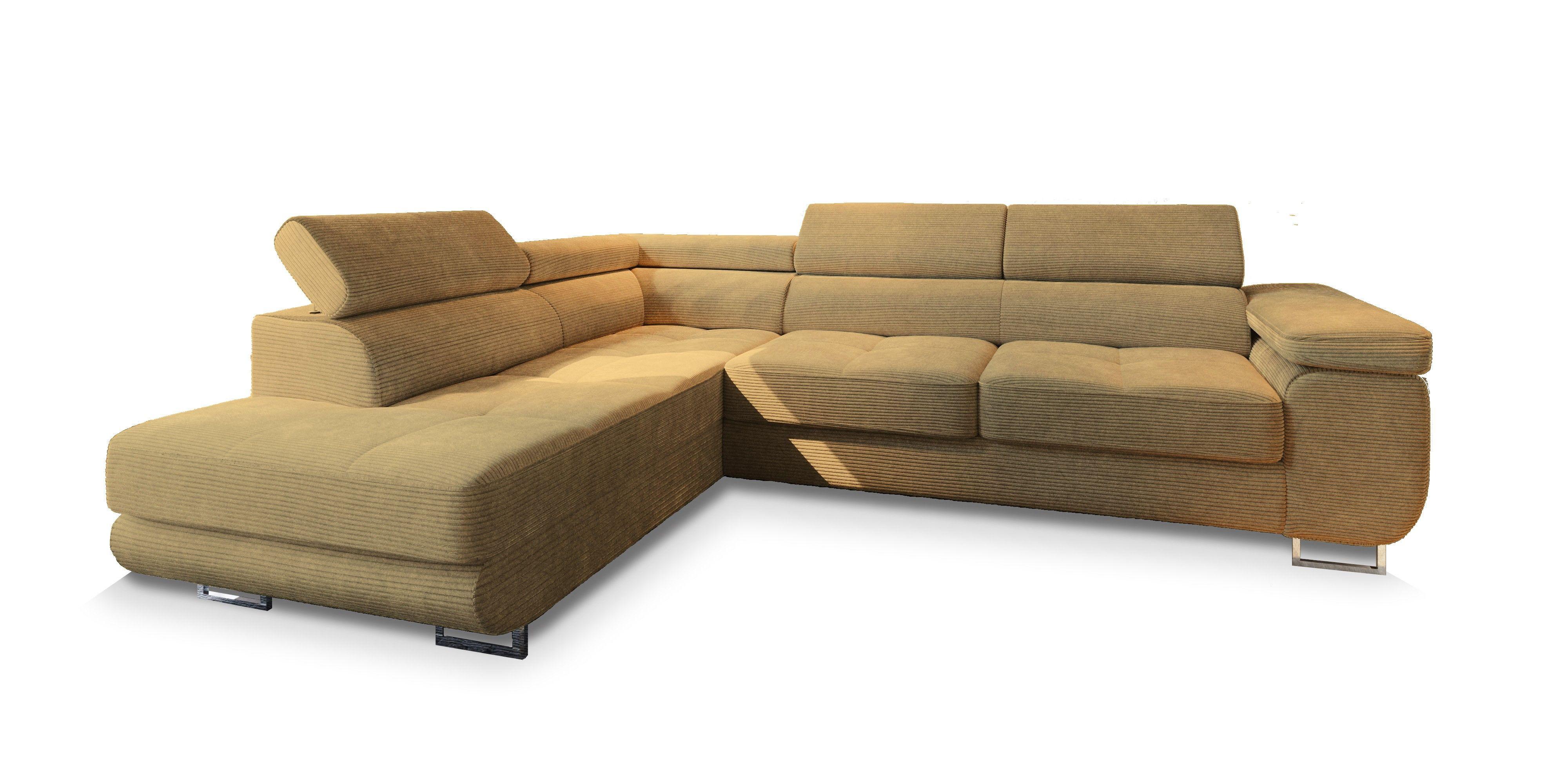ECKSOFA APIRO L-S Gelb Kordstoff mit Schlaffunktion - Gelb/Silberfarben, Holz/Textil (276/202cm) - MASSENO