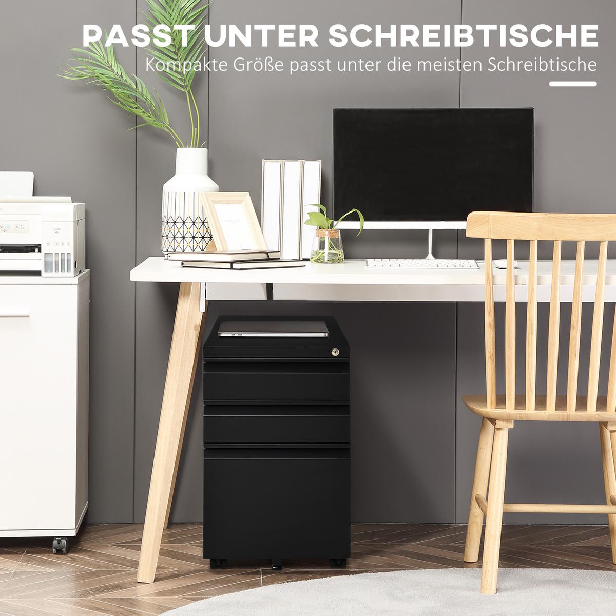 ROLLCONTAINER Aktenschrank Büroschrank mit 3 Schubladen Räder Stahl Schwarz - Schwarz, Metall (48/60/39cm) - Vinsetto