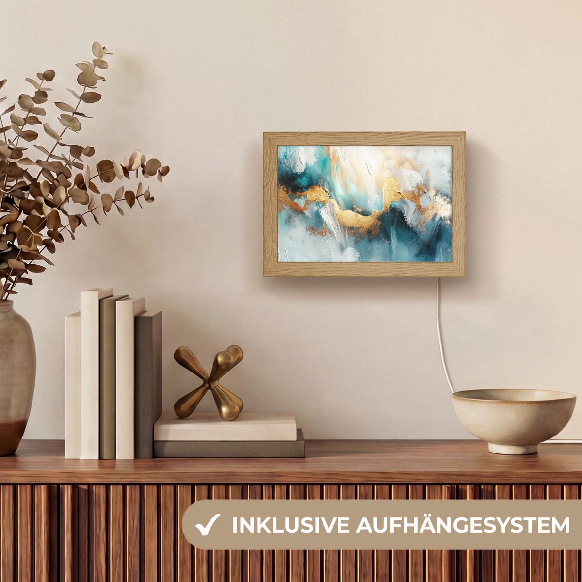 TISCHLEUCHTE Abstrakt - Kunst - Gold - Blau 20x15 cm - Aubergine, Holzwerkstoff (8/20/15cm) - OnlyWow