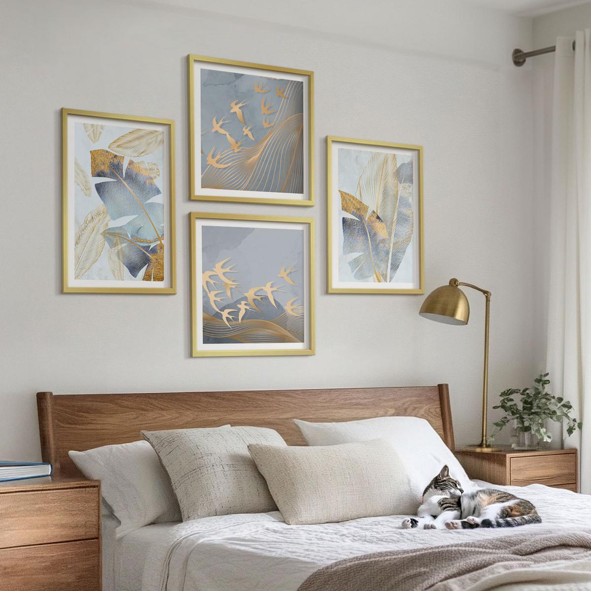 BILDER SET 4er Set - 50x50 cm & 40x60 cm Goldrahmen - Blaubeige Blätter im Hintergrund - Goldfarben, Kunststoff (50/50cm) - TULUP