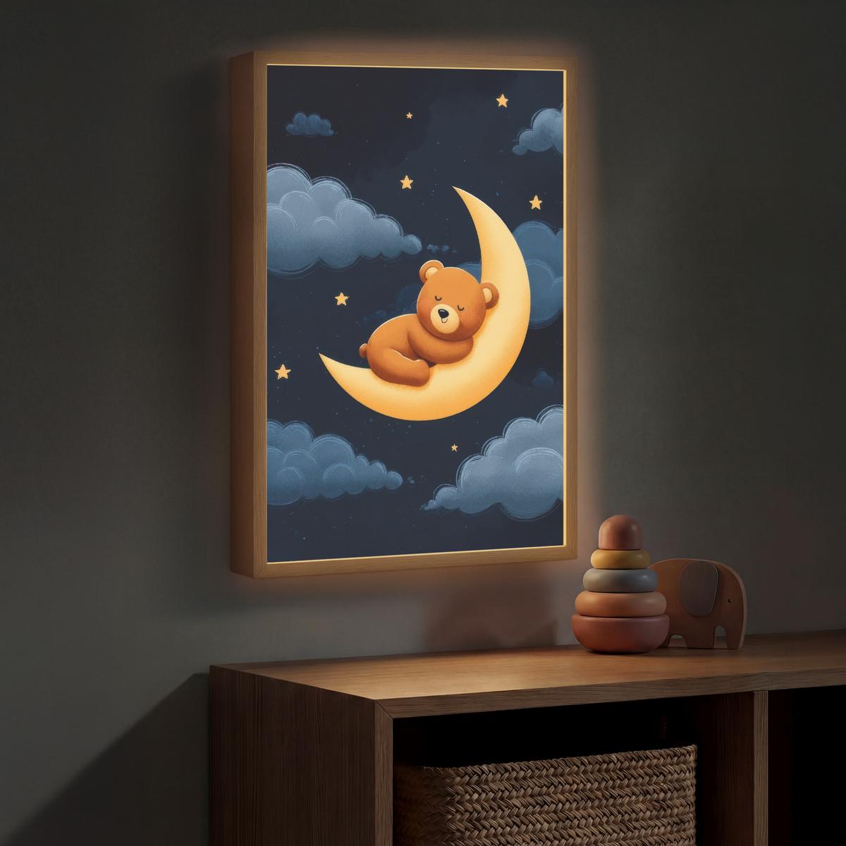 NACHTTISCHLAMPE MIT AKKU Teddybär - Mond - Wolken - Sterne 40x60 cm - Dunkelblau, Holzwerkstoff (8/40/60cm) - OnlyWow