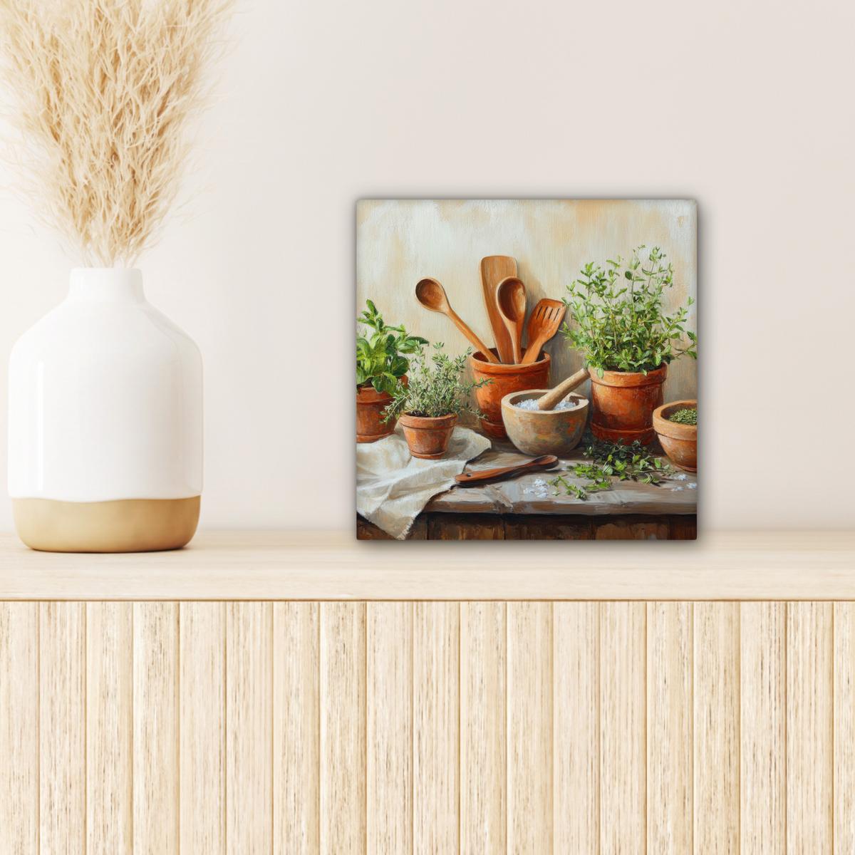 LEINWANDBILD Töpfe - Kräuter - Holz Deko Wohnzimmer 20x20 cm - Terracotta, Textil (20/20cm) - MuchoWow