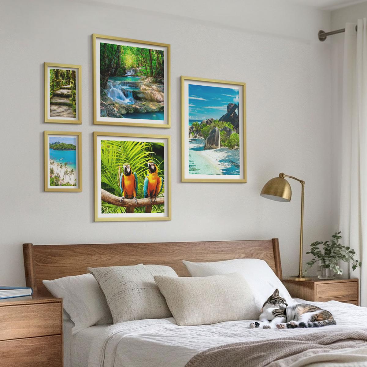 BILDER SET 5er Set - 50x50 cm & 20x30 cm & 40x60 cm Goldrahmen - Strand, Boot, Wasserfälle, Palmen - Goldfarben, Kunststoff (40/60cm) - TULUP