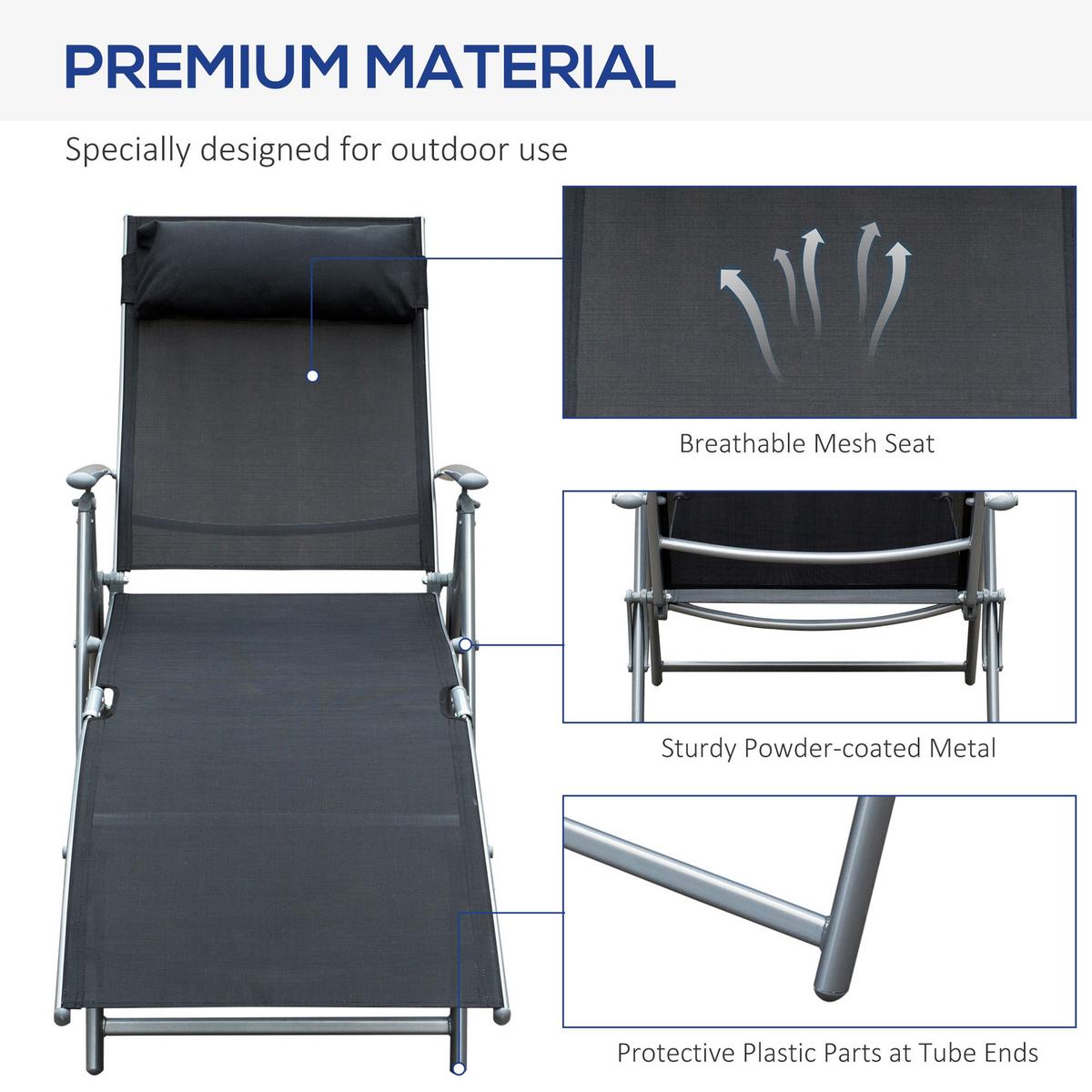 SONNENLIEGE, klappbar mit Kissen, Metall+Stoff, Schwarz, 137 x 63,5 x 100,5 cm - Schwarz, Metall (63.5/100.5/137cm) - Outsunny