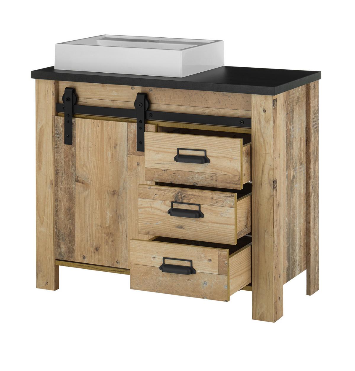 BADMÖBEL-SET 4-teilig, Used Wood hell, anthrazit, Badkombination mit Waschbecken LED Spiegellampe - Eichefarben/Anthrazit, Holzwerkstoff/Metall (95/210/43cm) - Furn.Design