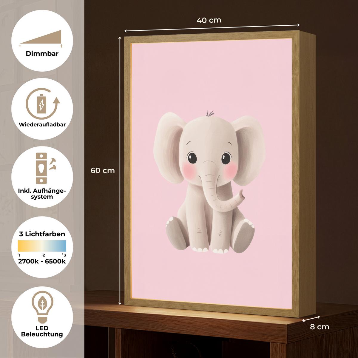 NACHTTISCHLAMPE MIT AKKU Elefant - Baby - Rosa - Cartoon 40x60 cm - Rosa, Holzwerkstoff (8/40/60cm) - OnlyWow