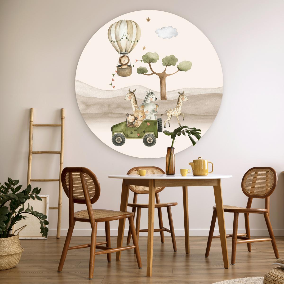 WANDBILD Wilde Tiere - Safari - Aquarell - Heißluftballon Room Decor 140x140 cm - Beige, Kunststoff (140/140cm) - MuchoWow