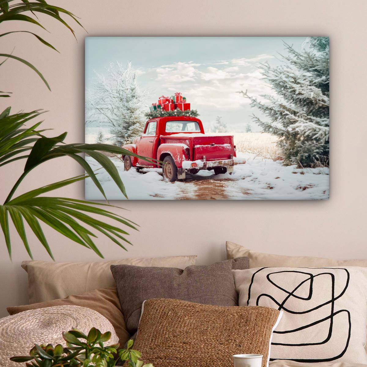 LEINWANDBILD Auto - Rot - Geschenke - Winter - Schnee - Weihnachten Gemälde 60x40 cm - Rot, Textil (60/40cm) - MuchoWow
