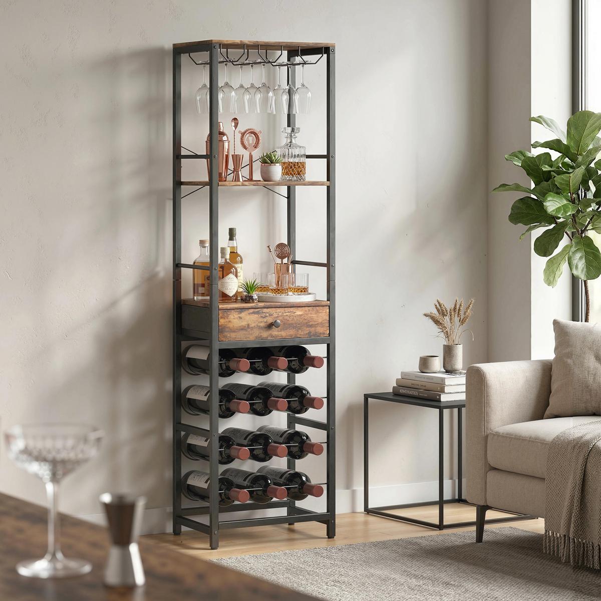WEINREGAL Spanplatte Metall Rustikal-Braun - Schwarz/Braun, Holzwerkstoff/Metall (30/148/40cm) - HOMCOM