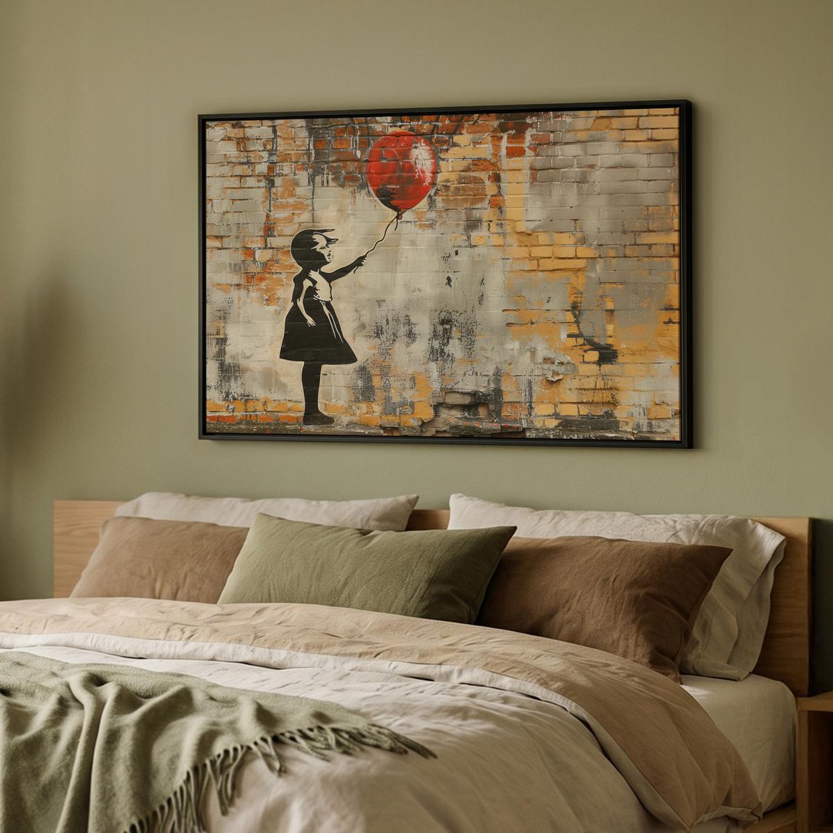 LEINWAND Bilder mit Rahmen - Graffiti - Banksy - Mädchen - Straßenkunst - 90x60 - Sandfarben, Textil (90/60cm) - MuchoWow