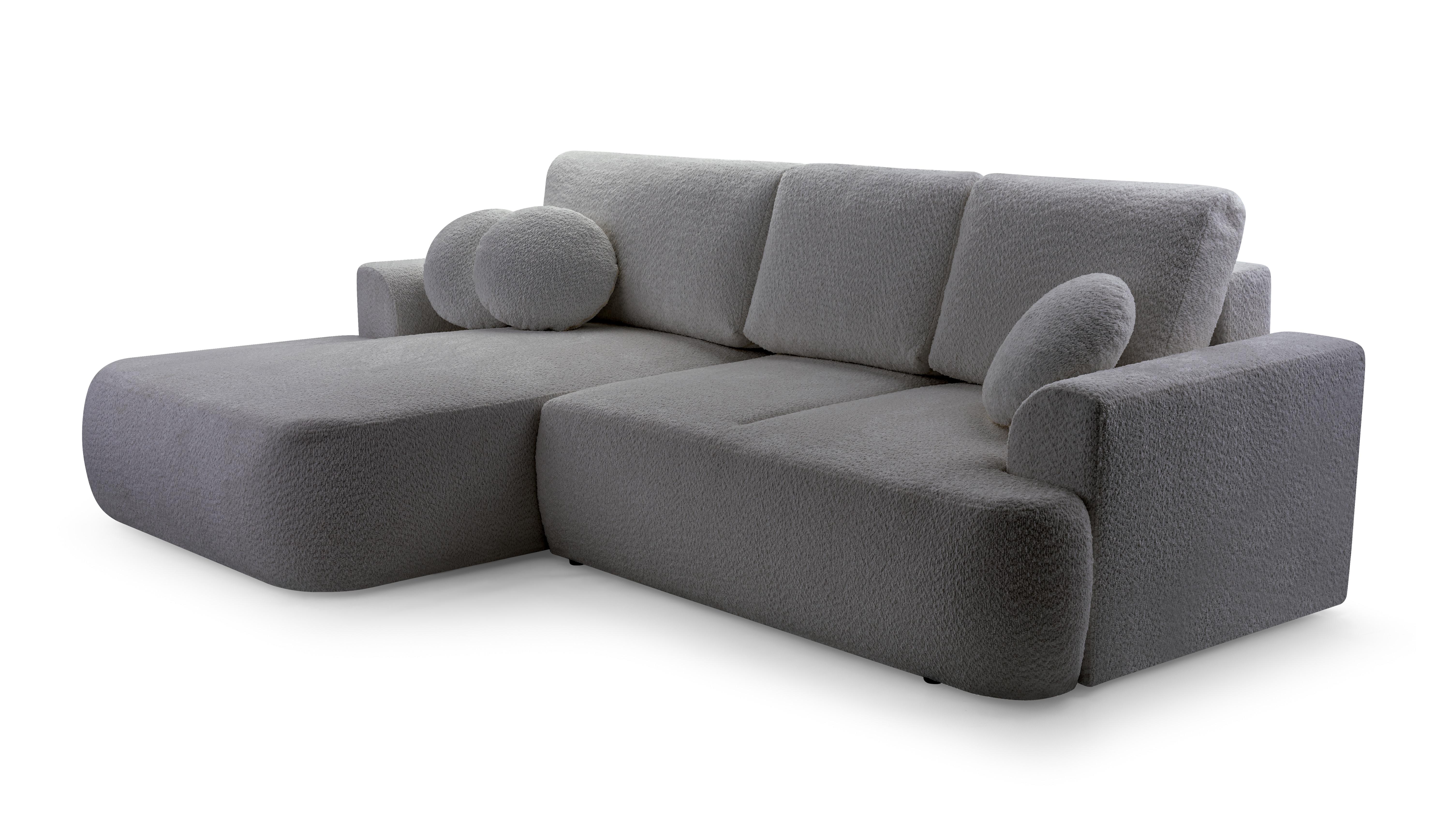ECKSOFA FILO Grau Boucle-Stoff mit Schlaffunktion - Grau, Holz (260/168cm) - MASSENO