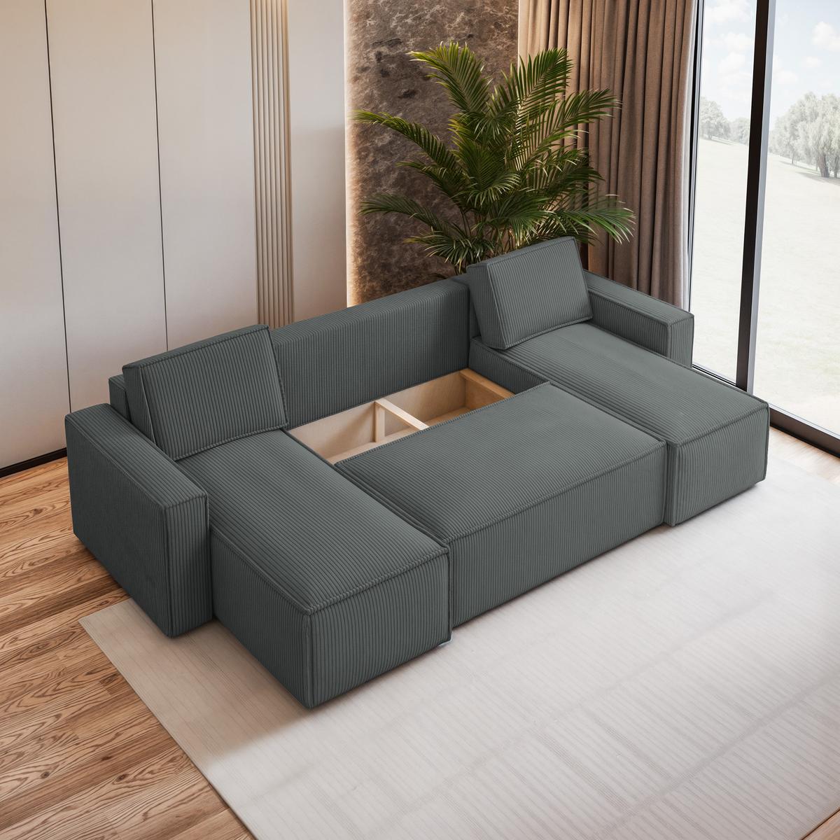 WOHNLANDSCHAFT PESANO P Grau Kordstoff mit Schlaffunktion - Grau, Holz/Kunststoff (306/85/140cm) - MASSENO