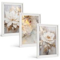BILDER SET 3er Set - 40x60 cm Weißer Rahmen - Blumen heller abstrakter Hintergrund - Weiß, Kunststoff (40/60cm) - TULUP