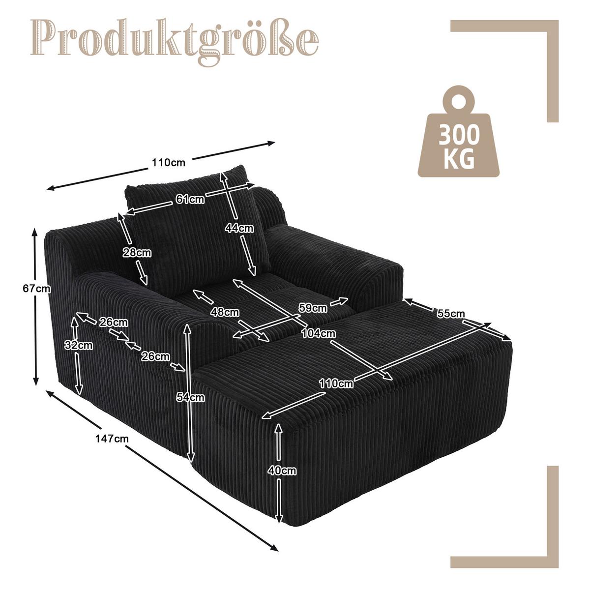 SESSEL mit Hocker in Cord Übergroßer Relaxsessel - Schwarz, Textil (110/67/147cm) - Urban Meuble