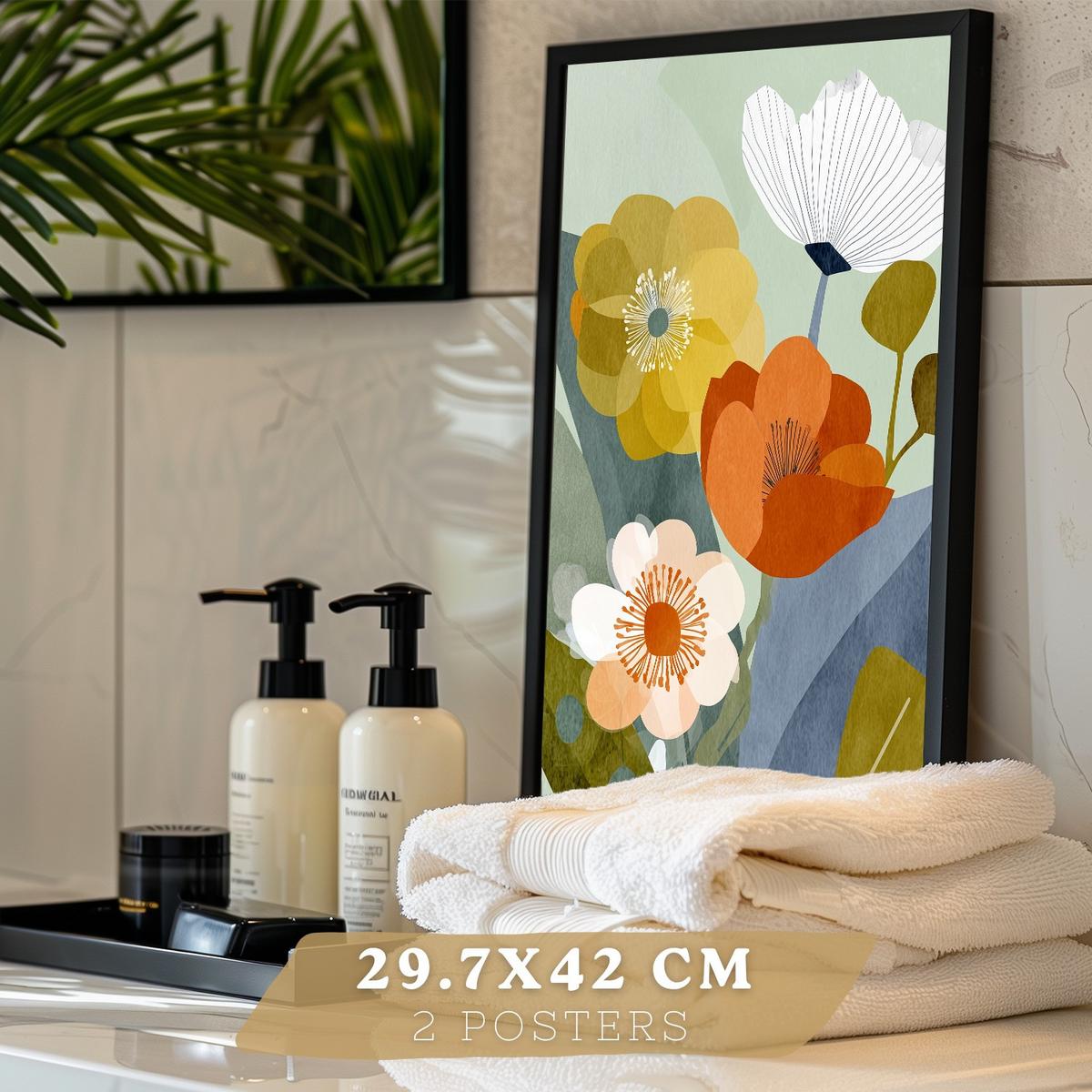 POSTER 2er-Set dekorative Badezimmerdrucke, moderne florale Wandposter für Waschbecken, Dusche, abstrakte florale, nordischer Stil Schwarzer Rahmen A3 - Schwarz, Papier (42/29.7/3cm) - Nacnic