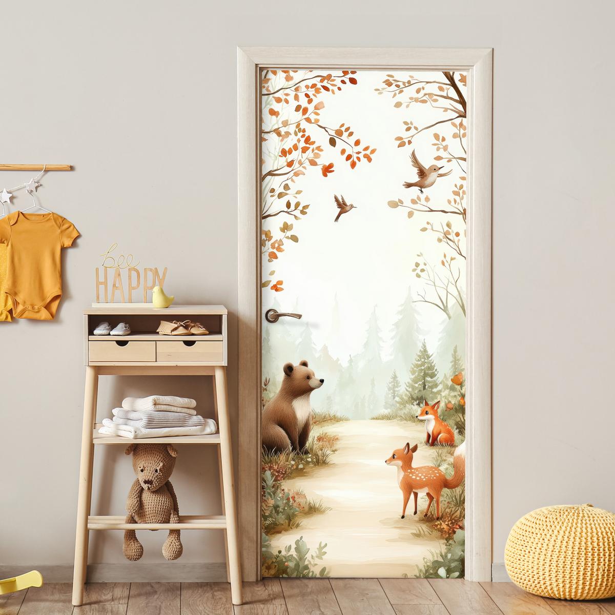 TÜRAUFKLEBER Wald - Herbst - Waldtiere - Bär - Fuchs Room Decor 85x205 cm - Türtapete - Kastanienfarben, Kunststoff (85/0.1cm) - MuchoWow