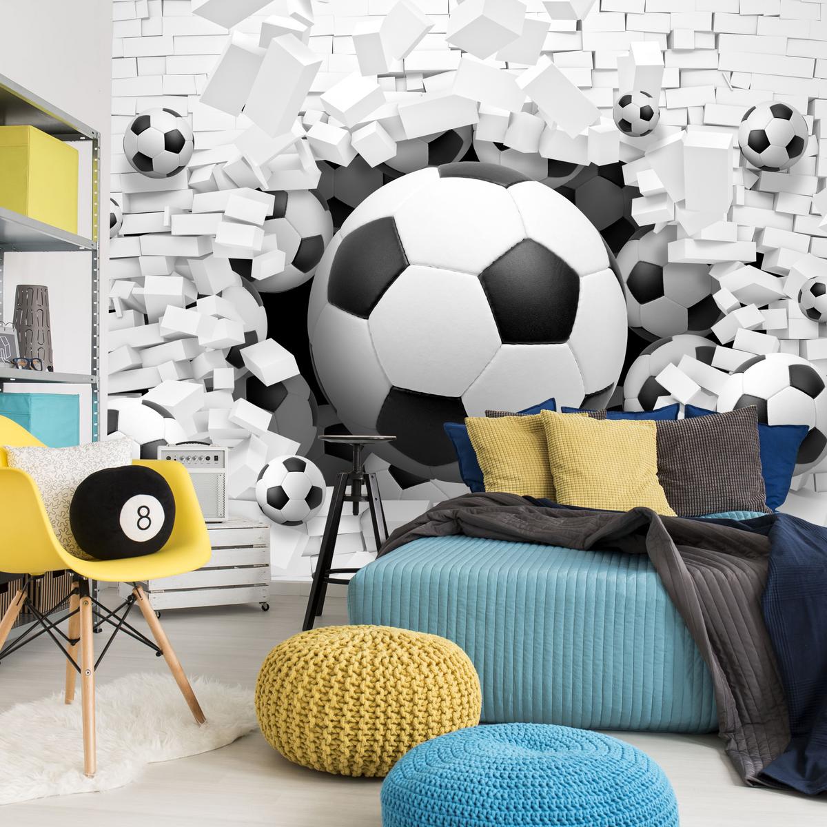 FOTOTAPETE für Jugendzimmer Fußbälle Weiße Ziegelwand Sport 250x175 - Schwarz/Weiß, Papier (250/175cm) - Muralo