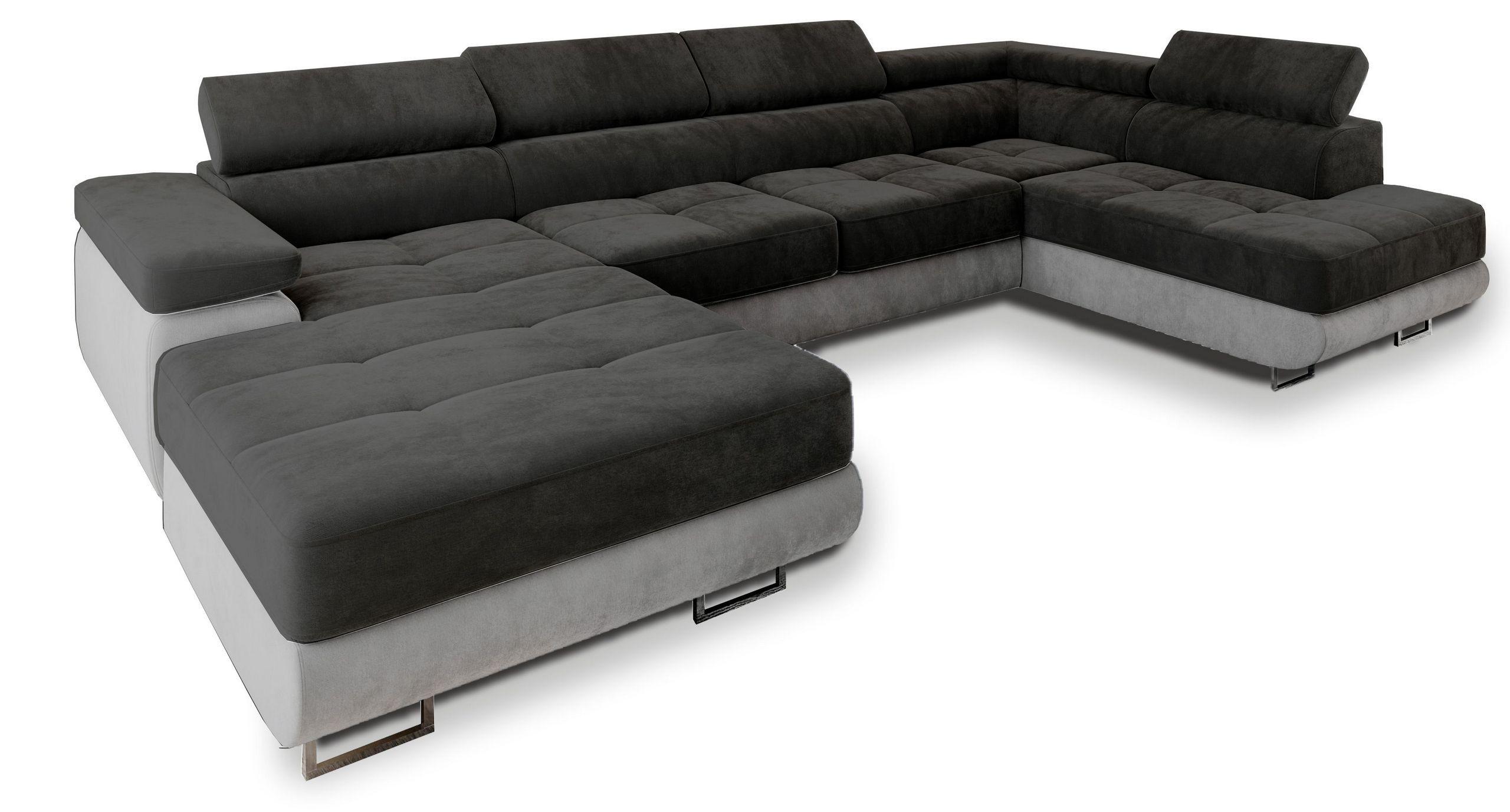 WOHNLANDSCHAFT CASONE R-S Schwarz Velours-Stoff mit Schlaffunktion - Silberfarben/Schwarz, Holz/Textil (345/90/202cm) - MASSENO