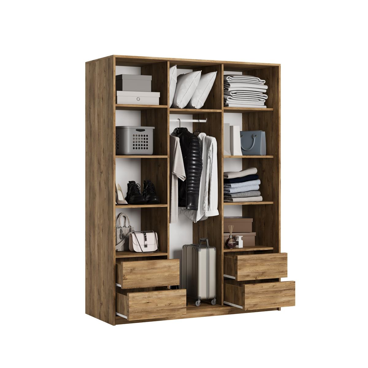 SCHWEBETÜRENSCHRANK ORRA 150/205/60 cm 3-türig mit Spiegel und Lamellen Eiche Lefkas - Eichefarben/Schwarz, Holzwerkstoff (150/205/60cm) - MASSENO