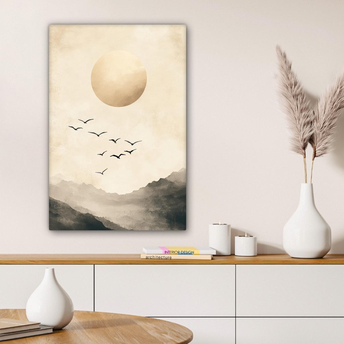 LEINWANDBILD Landschaft - Japandi - Vogel Wanddeko 40x60 cm - Beige, Textil (40/60cm) - MuchoWow