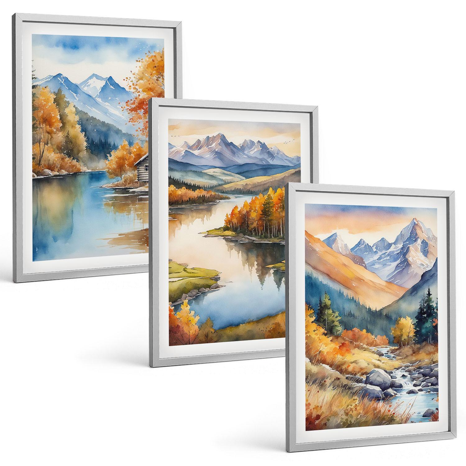 BILDER SET 3er Set - 40x60 cm Silberner Rahmen - Gebirgsflüsse, Herbstbäume - Silberfarben, Kunststoff (40/60cm) - TULUP