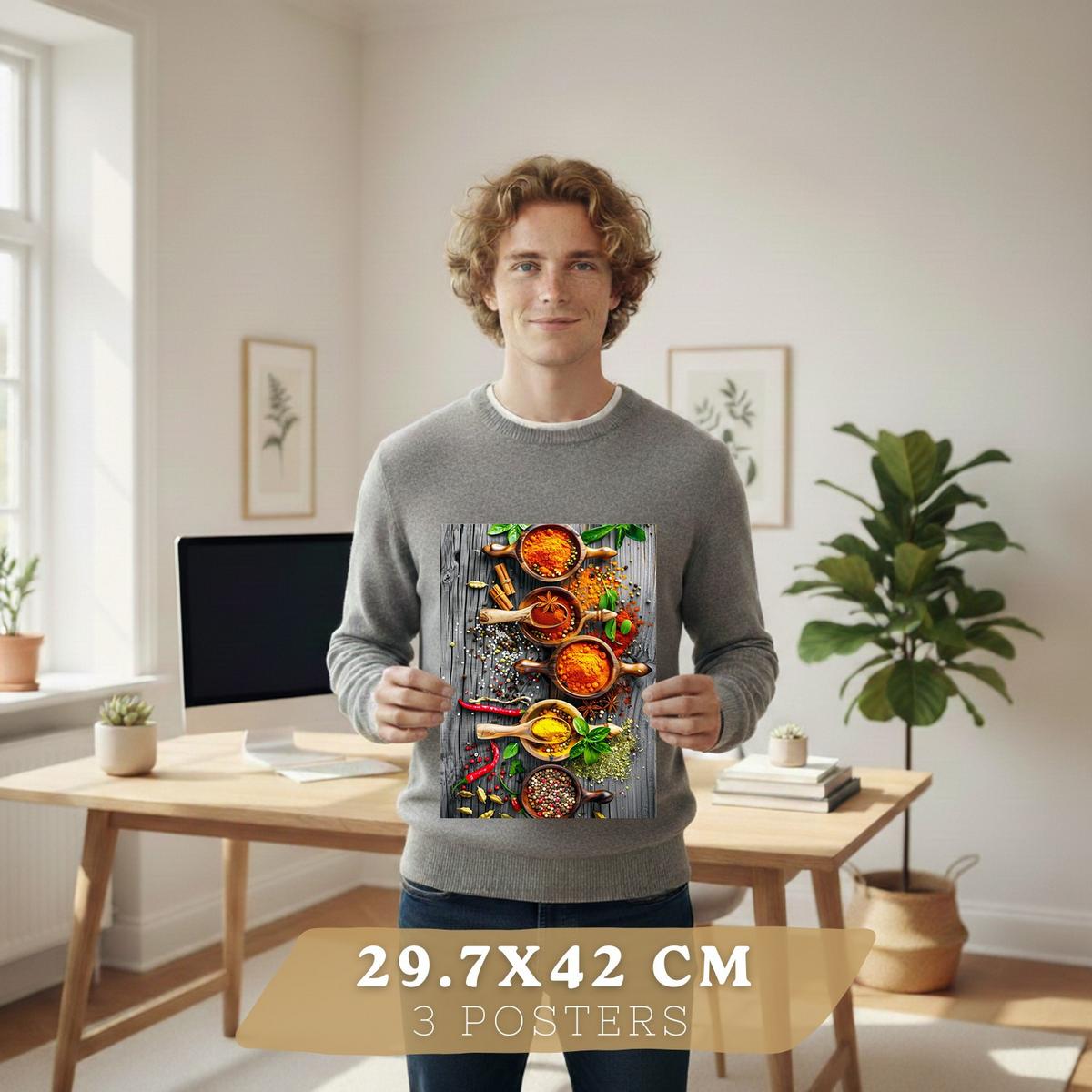 POSTER 3er Set Gewürze und Kräuter Wandbilder Aromatische Zutaten Food Fotografie Küche Esszimmer Deko Leichter Holzrahmen A3 - Beige, Papier (29.7/1/42cm) - Nacnic